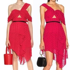 SELF PORTRAIT ONE SHOULDER PINK POLKA DOT SHEER MINI DRESS SIZE 6